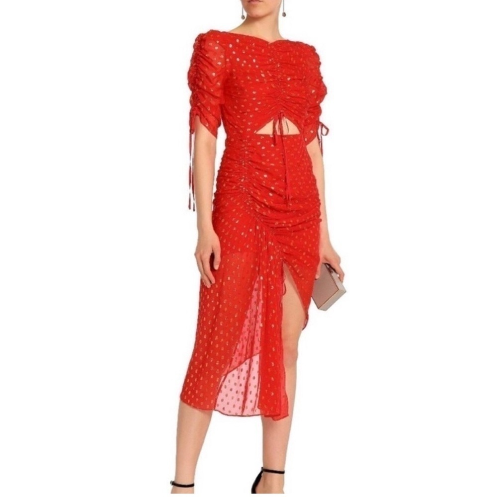 New Alice McCall I Feel It Coming Silk Midi Dress Red Gold 0 Ruched